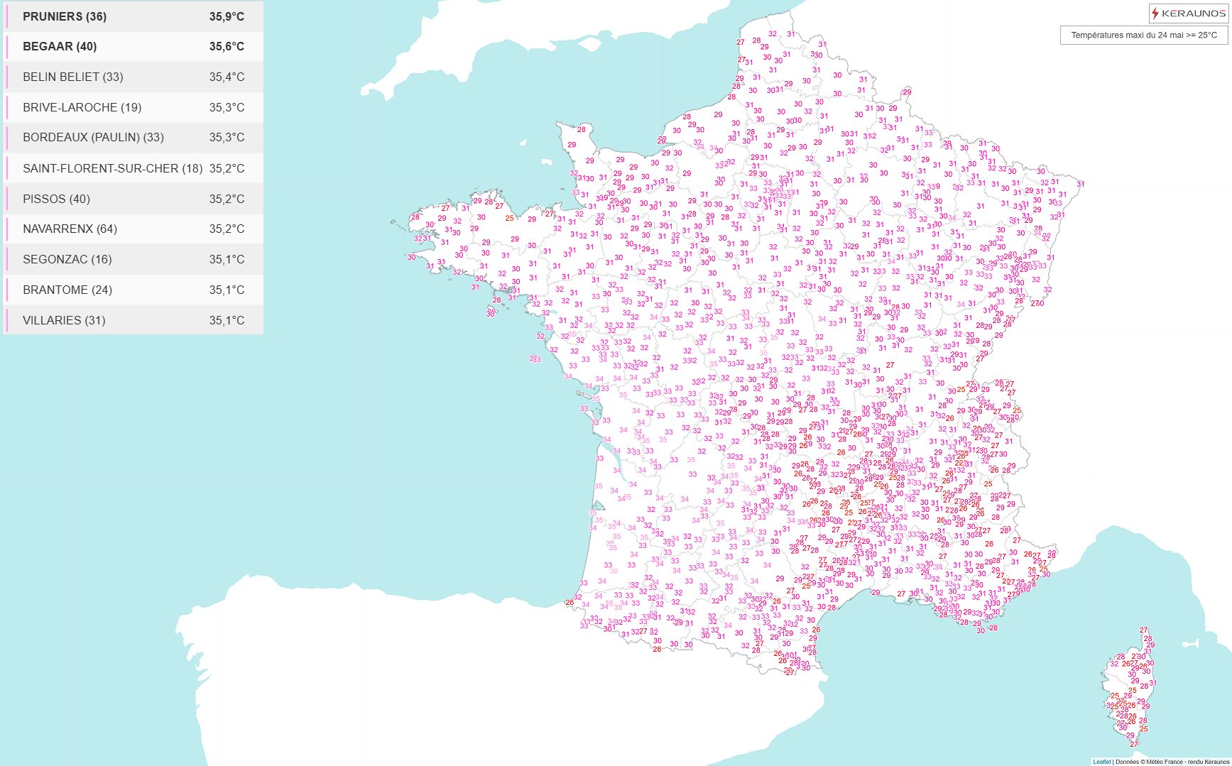 Une dizaine de stations ont franchi le seuil de tr&egrave;s fortes chaleurs (35&deg;C) ce dimanche.
Des records mensuels ont &eacute;t&eacute; battus &agrave; Brive, La Rochelle, Bergerac, Bourges, Saint-Nazaire ou Brest, entre autres. La chaleur concerne l'ensemble du pays, parfois jusqu'en altitude.