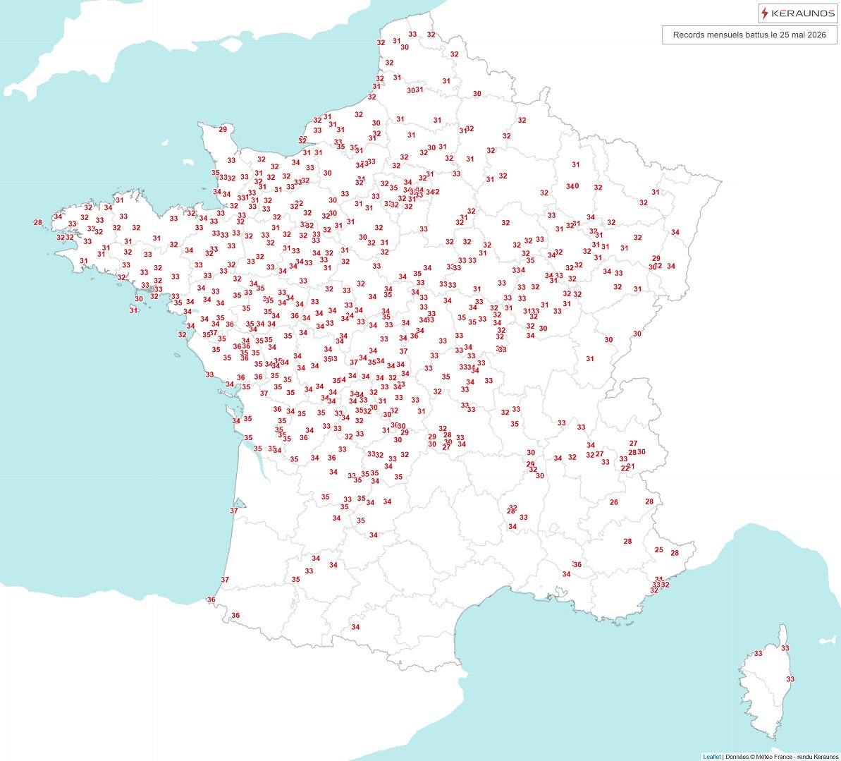 Une multitude de records mensuels ont &eacute;t&eacute; battus ce lundi sur les deux tiers nord du pays. Certains dataient de plus de 100 ans (Poitiers, Cap de la H&egrave;ve). D'autres ont &eacute;t&eacute; battus de plusieurs degr&eacute;s (33&deg;C &agrave; Brest contre 29.8&deg;C hier dimanche). L'indicateur thermique national ressort une anomalie de +7.6&deg;C pour aujourd'hui. L'&eacute;cart &agrave; la climatologie est exceptionnel.