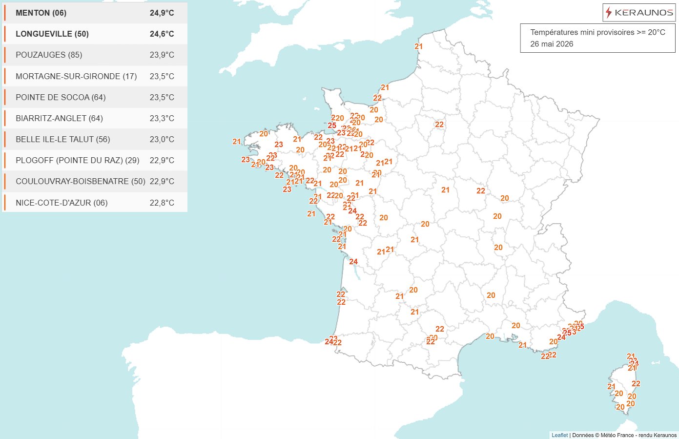Nuit tropicale qui serait exceptionnelle m&ecirc;me en plein &eacute;t&eacute; dans le nord-ouest avec des valeurs de 20 &agrave; 25&deg;C de la Bretagne &agrave; la Normandie et nord Poitou. Plus classique, des mini proches de 24 &agrave; 25&deg;C ont &eacute;t&eacute; enregistr&eacute;es sur la C&ocirc;te-d'Azur et la Corse.