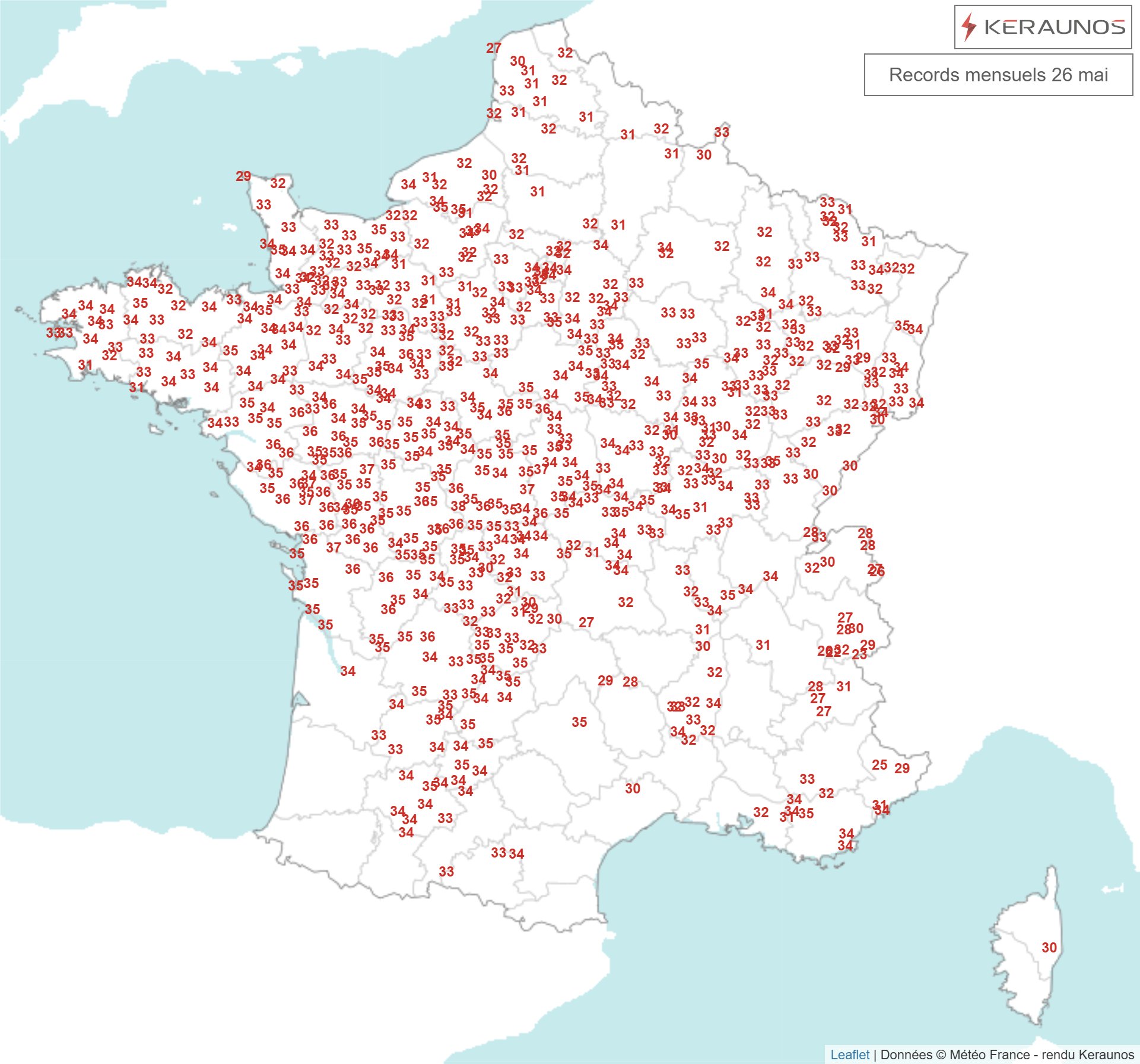 A nouveau plusieurs centaines de records mensuels de chaleur battus ce mardi, dont de nombreux sur des stations synoptiques principales.&nbsp;La plupart des nouveaux records battent ceux des jours pass&eacute;s. A Besan&ccedil;on, l'ancien record datait de pr&egrave;s de 130 ans. On a localement approch&eacute; 37 &agrave; 38&deg;C sur le centre du pays.