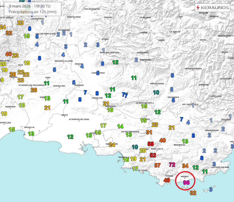 Des orages tr&egrave;s pluvieux ont concern&eacute; l'ouest du Var cet apr&egrave;s-midi, notamment le secteur de Hy&egrave;res : avec 96 mm de pluie en 24h, la station &eacute;tablit son nouveau record pour un mois de mars (station ouverte depuis 1959 ; ancien record : 84,1 mm le 30/03/1988).