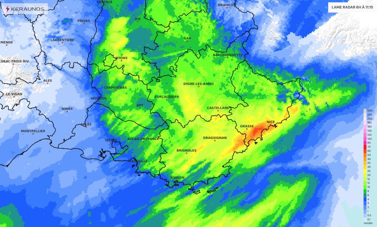 De fortes pluies orageuses ont affect&eacute; ce samedi matin le sud-est du pays, notamment les Alpes-Maritimes, entre Grasse et Nice : jusqu'&agrave; 80 mm relev&eacute;s en 6h &agrave; Valbonne (06). Ces fortes pluies vont gagner la Corse en fin d'apr&egrave;s-midi et soir&eacute;e.