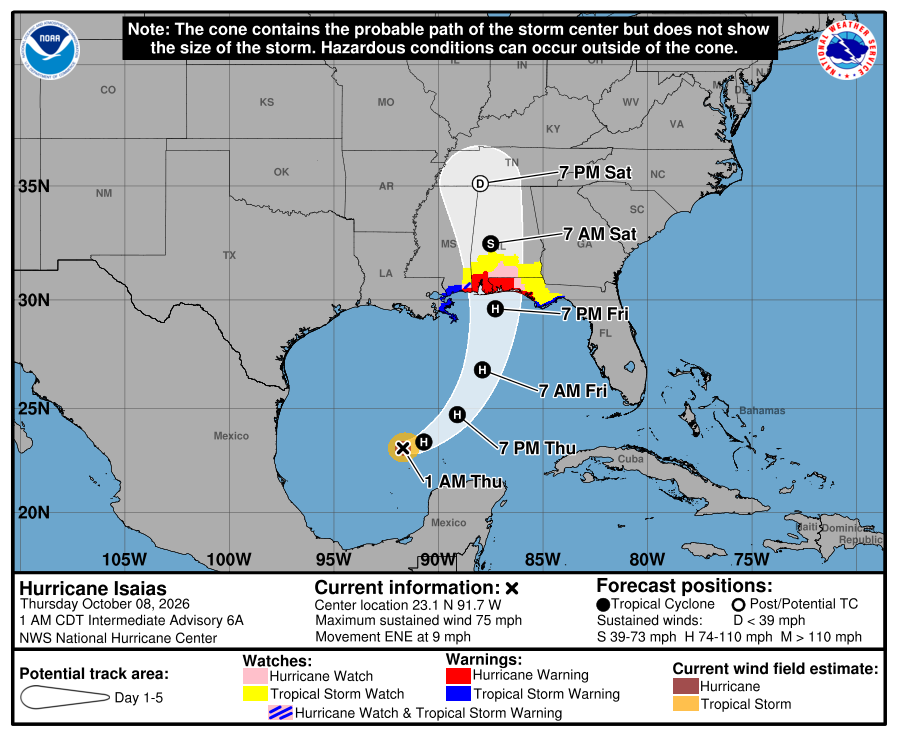 Dans l'Atlantique, Isaias est devenu un ouragan, le premier de la saison. Il intervient tr&egrave;s tardivement dans la saison (les conditions El Nino &eacute;tant globalement peu favorables &agrave; &nbsp;une saison cyclonique active dans l'Atlantique). Impact pr&eacute;vu demain ou t&ocirc;t samedi matin entre Alabama et Mississippi.
