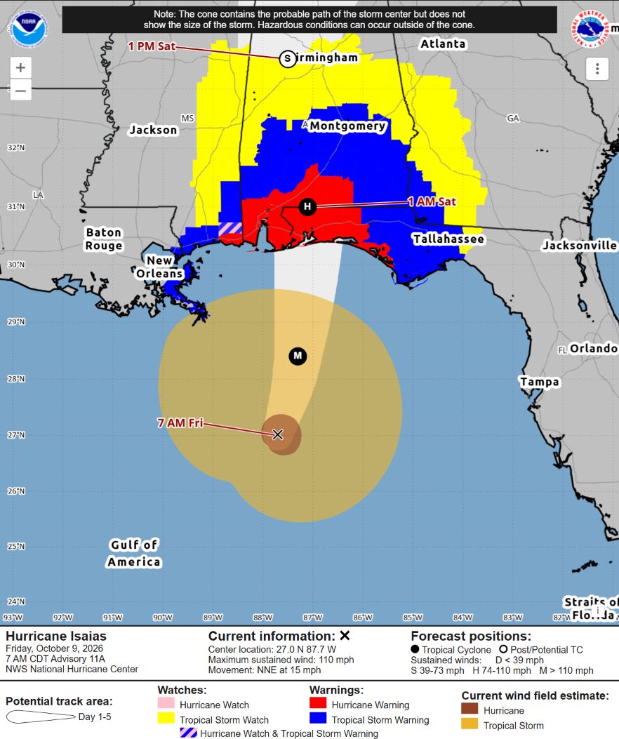 L'ouragan majeur Isaias devrait impacter les USA dans la r&eacute;gion de Pensacola en Floride la nuit prochaine avec des rafales pouvant d&eacute;passer 200 km/h, une submersion marine (1,8 m &agrave; 2.7 m) plus sensible &agrave; la fronti&egrave;re Alabama/Floride et des pluies abondantes (100/200 mm, loc 400 mm).