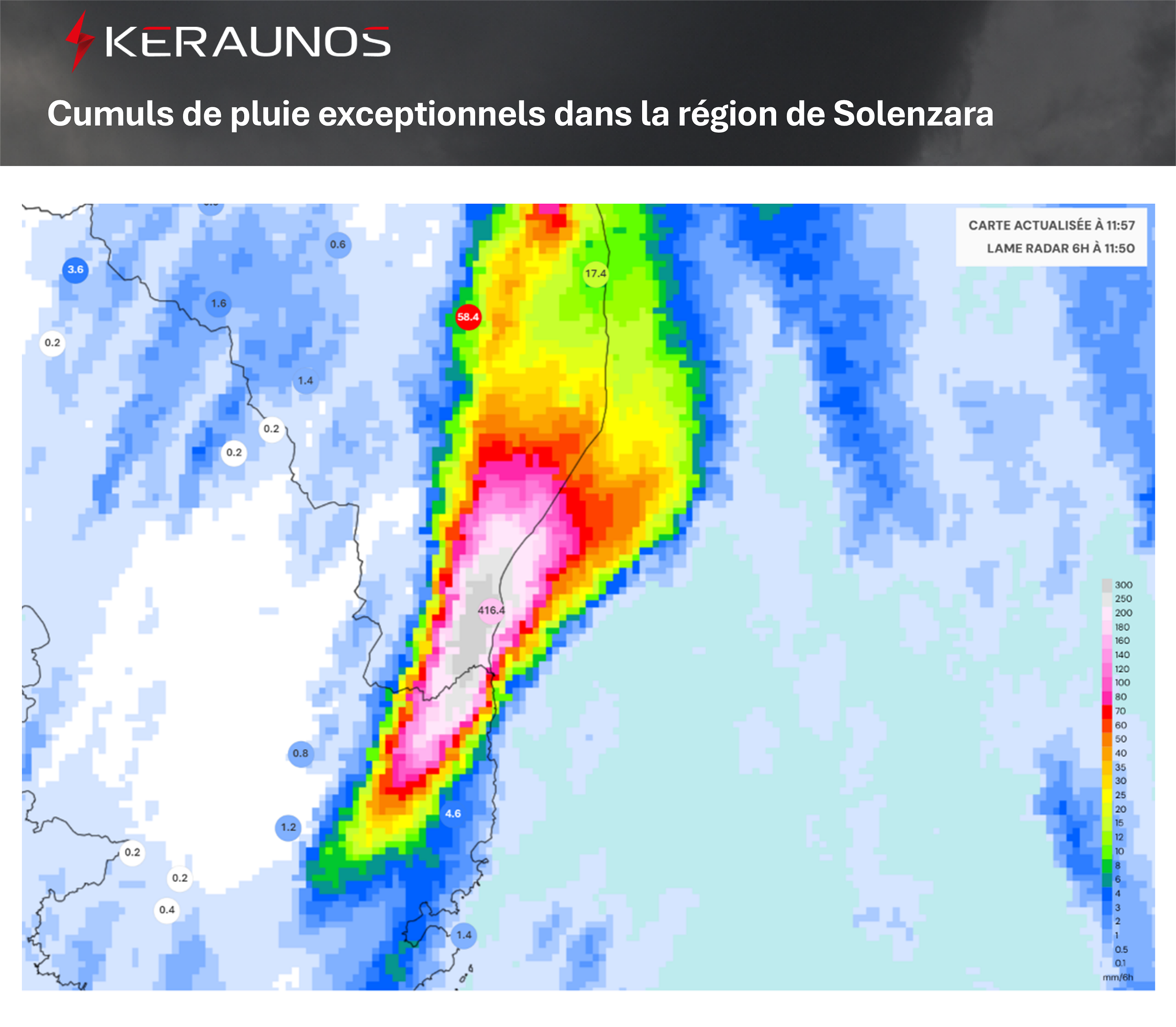 Les cumuls de pluie relev&eacute;s sur le sud-est de la Haute-Corse sont exceptionnels : 416 mm ces derni&egrave;res 24h dont 189 mm entre 10h et 11h locales (196 mm en 1h glissante) et 25 mm en 6 minutes seulement.