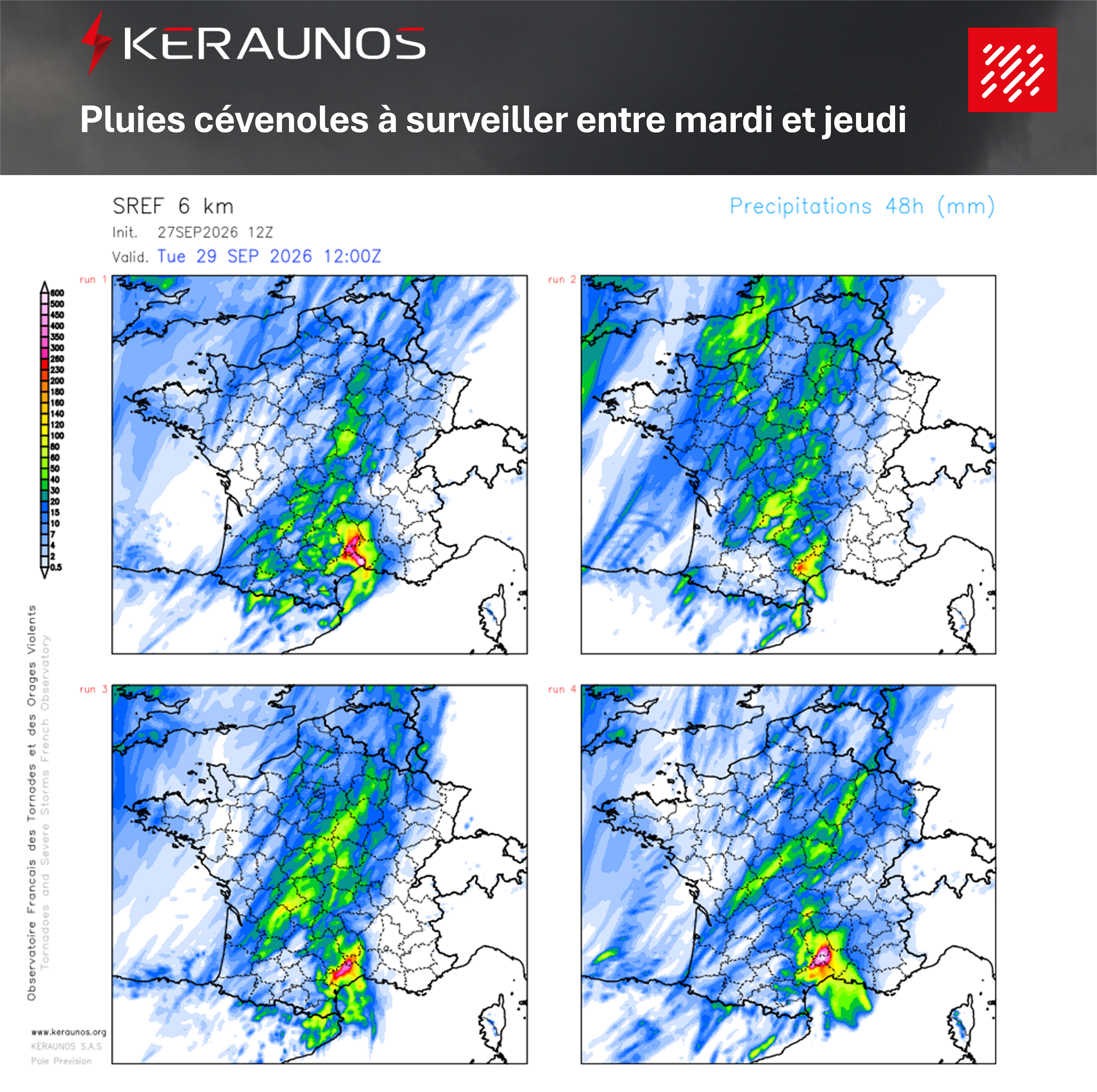Entre mardi et jeudi, le flux de sud sur la France produira des pluies parfois fortes sur l'est du Languedoc, et surtout en C&eacute;vennes. On surveillera les cumuls de pluie, potentiellement significatifs sur ces 48h, avec risque de d&eacute;passer les 200 mm sur le relief.