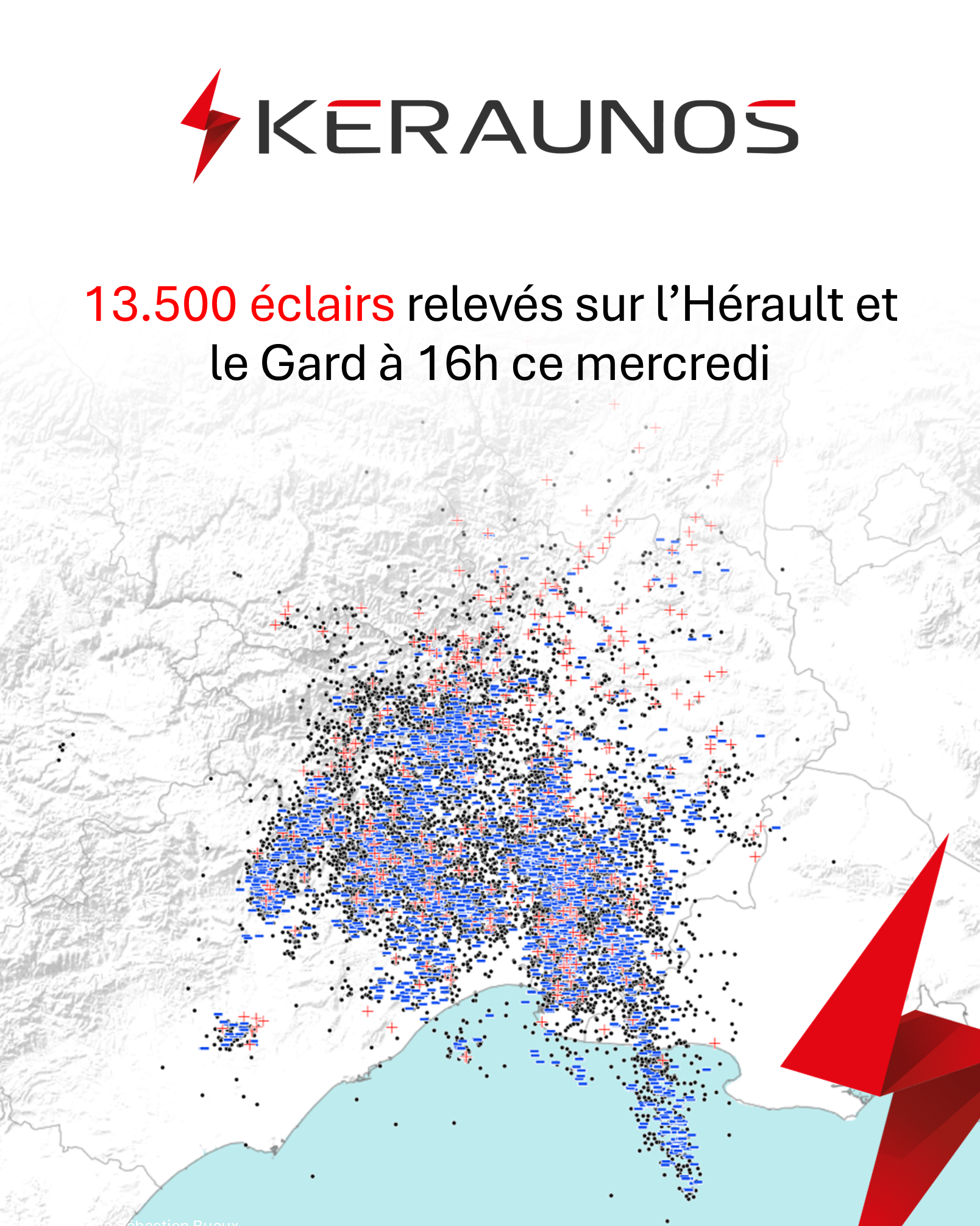 L'activit&eacute; &eacute;lectrique entre H&eacute;rault et Gard reste dense sous des syst&egrave;mes tr&egrave;s pluvieux et peu mobiles qui ont gagn&eacute; plaine et littoral. Outre le foudre, les intensit&eacute;s pluvieuses restent fortes et des cumuls 24h de 100 &agrave; 250 mm sont relev&eacute;s entre le littoral et le nord de Montpellier.