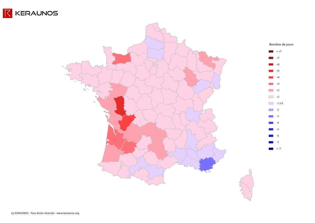 Carte Anomalie du nombre de jours avec orage (moyenne 2009-2015)