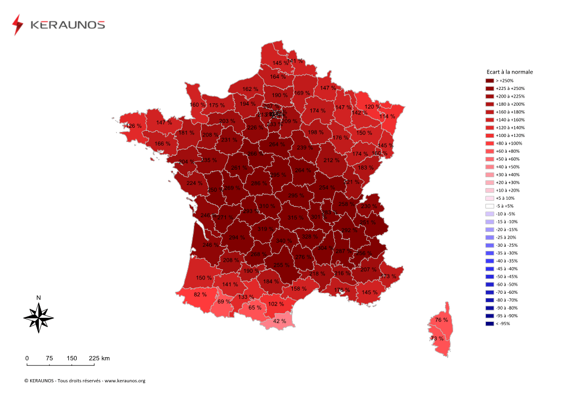 Carte Ecart à la normale de l'instabilité latente - (MUCAPE)