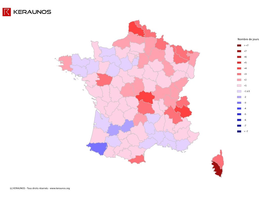 Carte Anomalie du nombre de jours avec orage (moyenne 2009-2015)