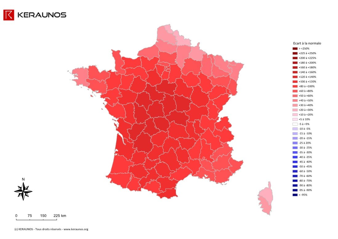 Carte Ecart à la normale de l'instabilité latente - (MUCAPE)