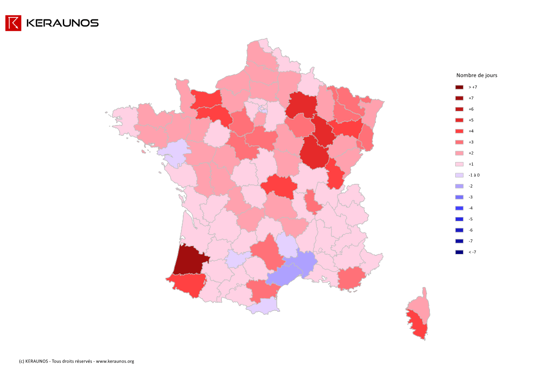 Carte Anomalie du nombre de jours avec orage (moyenne 2009-2015)