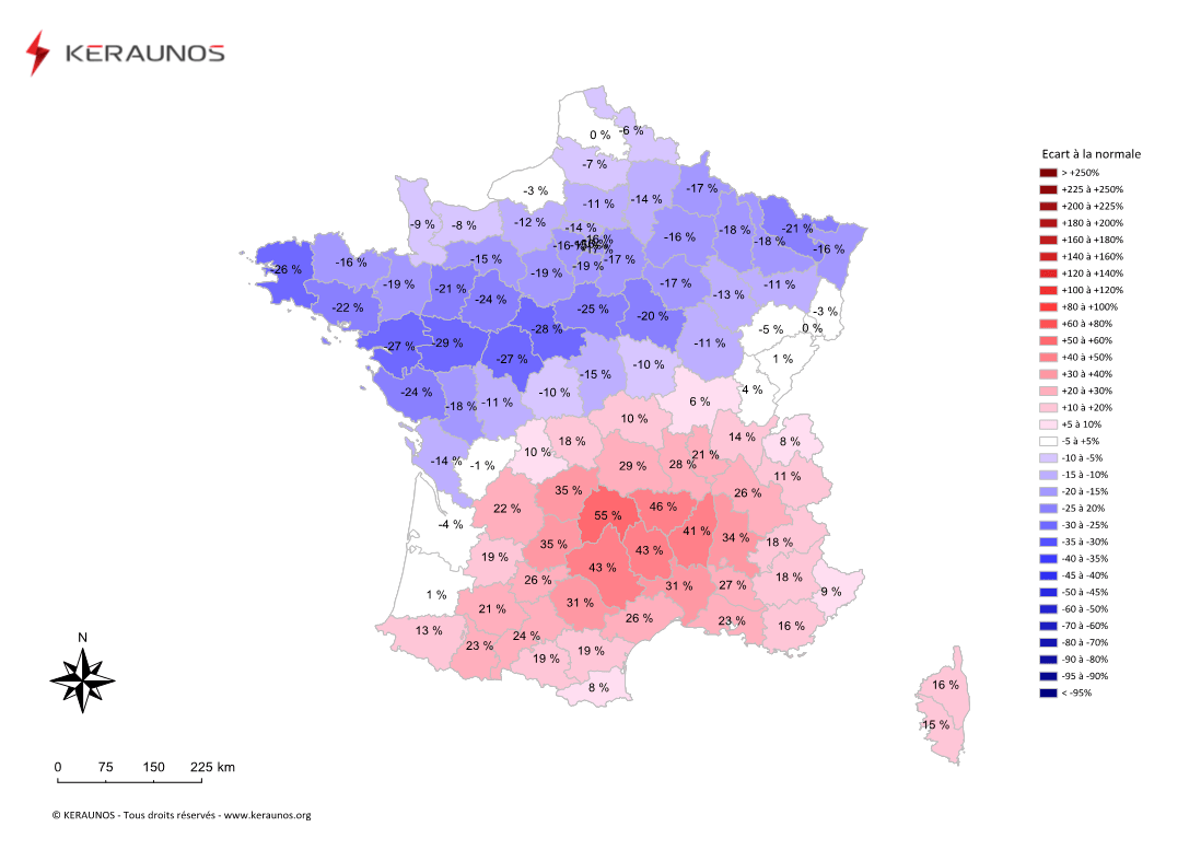 Carte Ecart à la normale de l'instabilité latente - (MUCAPE)