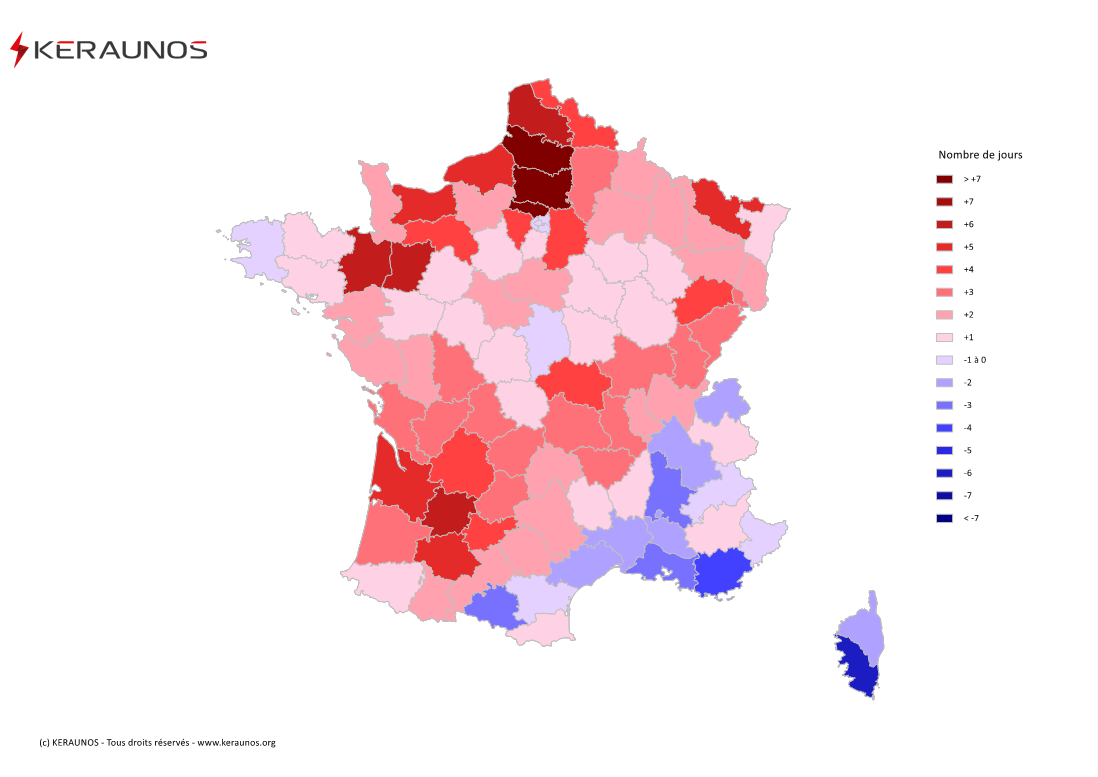 Carte Anomalie du nombre de jours avec orage (moyenne 2009-2015)