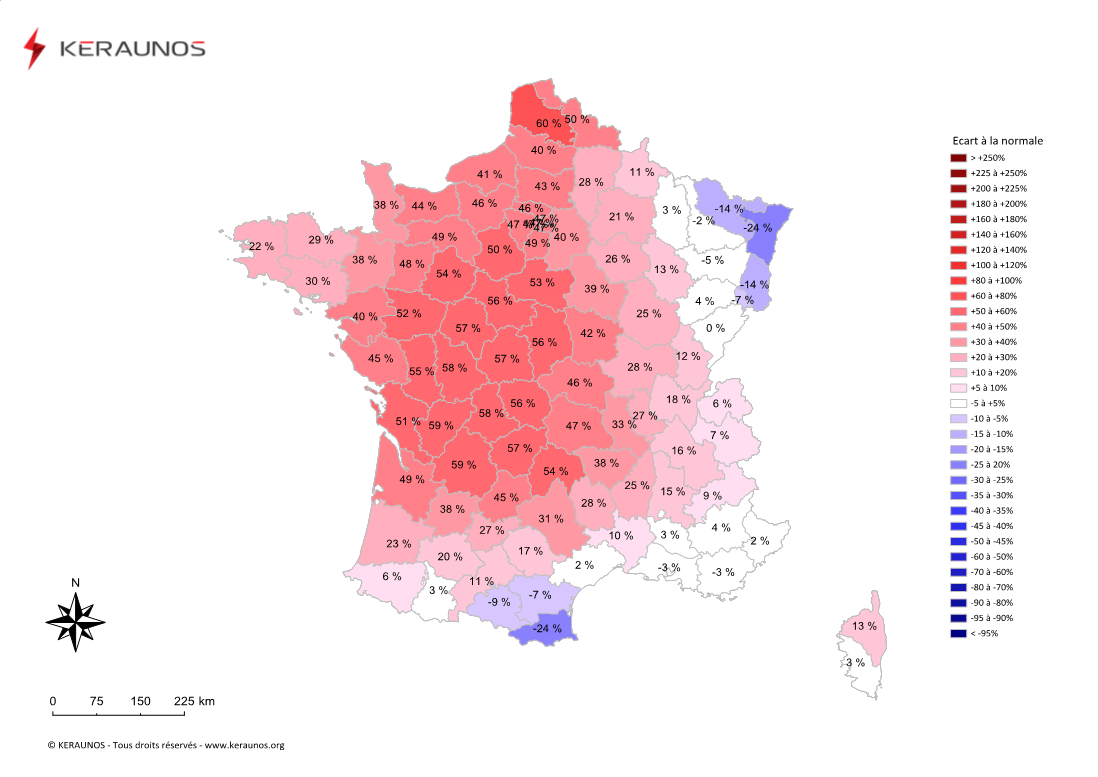 Carte Ecart à la normale de l'instabilité latente - (MUCAPE)