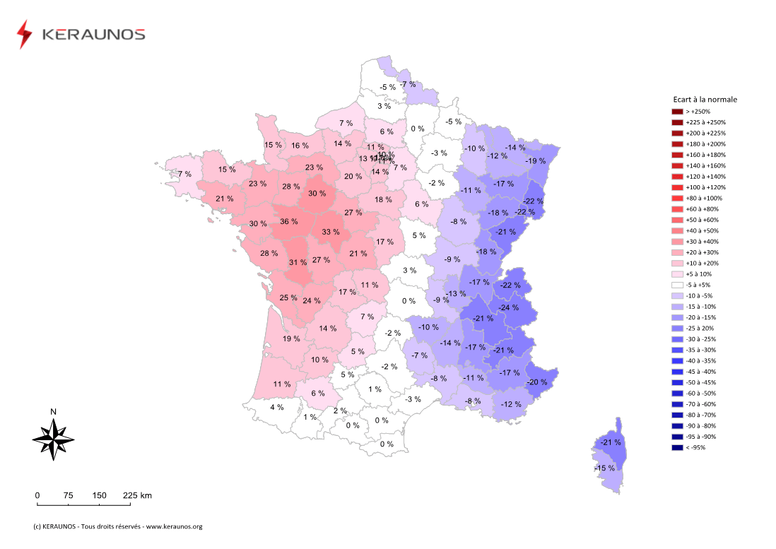 Carte Ecart à la normale de l'instabilité latente - (MUCAPE)