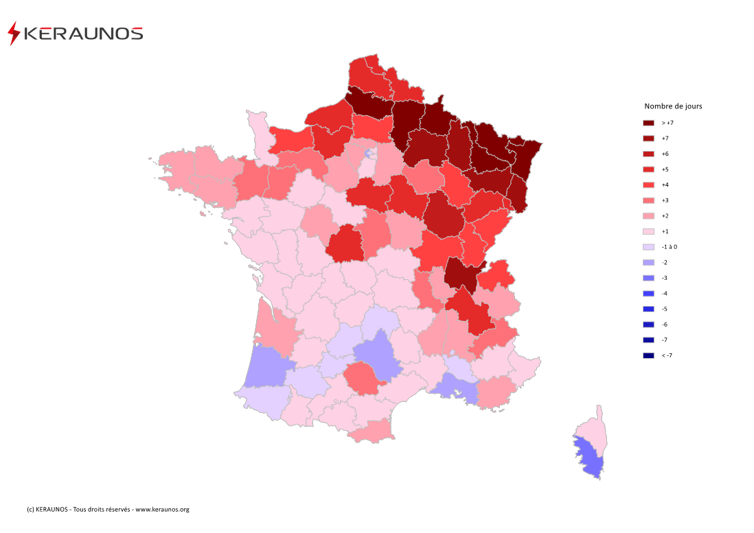 Carte Anomalie du nombre de jours avec orage (moyenne 2009-2015)