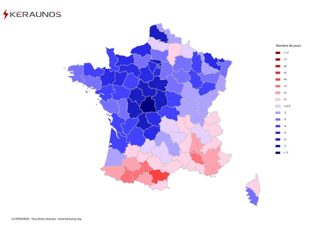 Carte Anomalie du nombre de jours avec orage (moyenne 2009-2015)