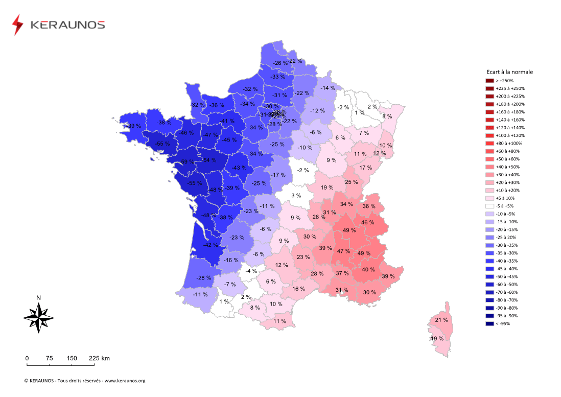 Carte Ecart à la normale de l'instabilité latente - (MUCAPE)