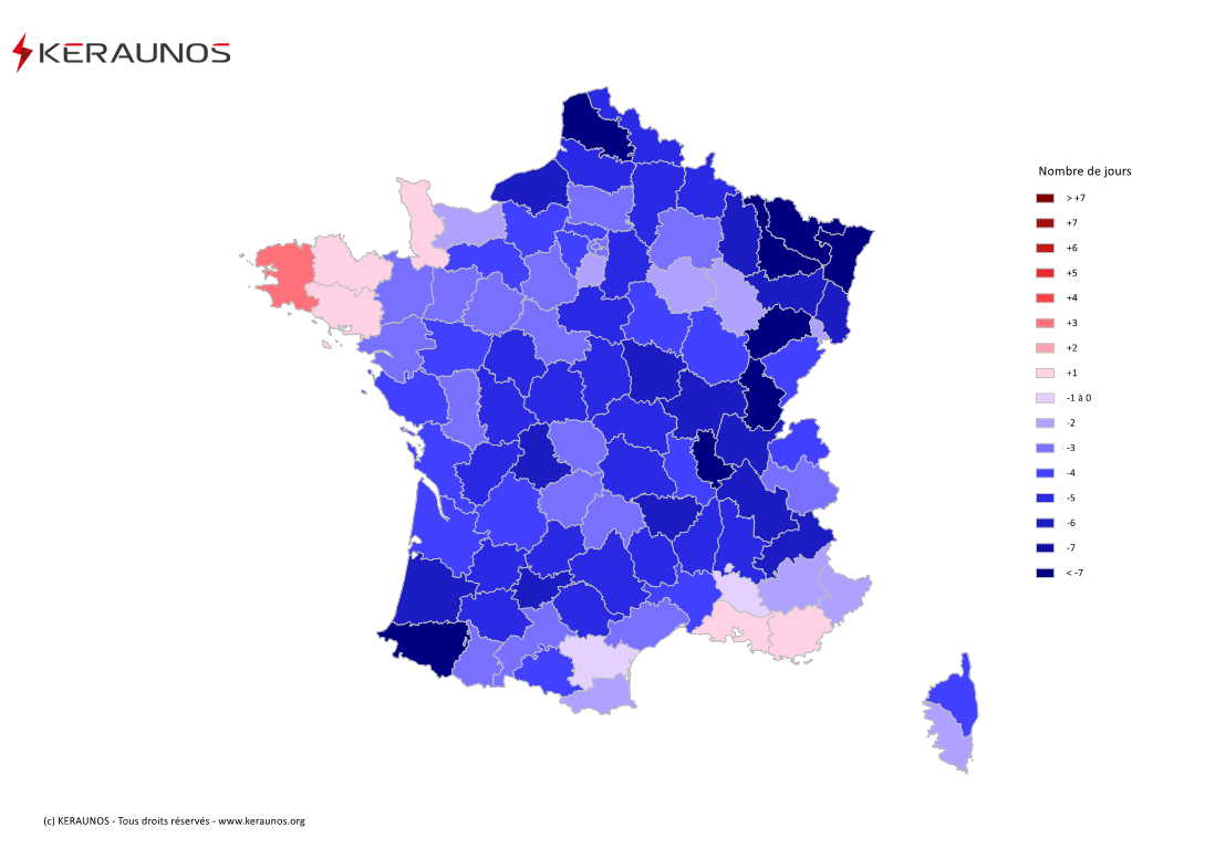 Carte Anomalie du nombre de jours avec orage (moyenne 2009-2015)