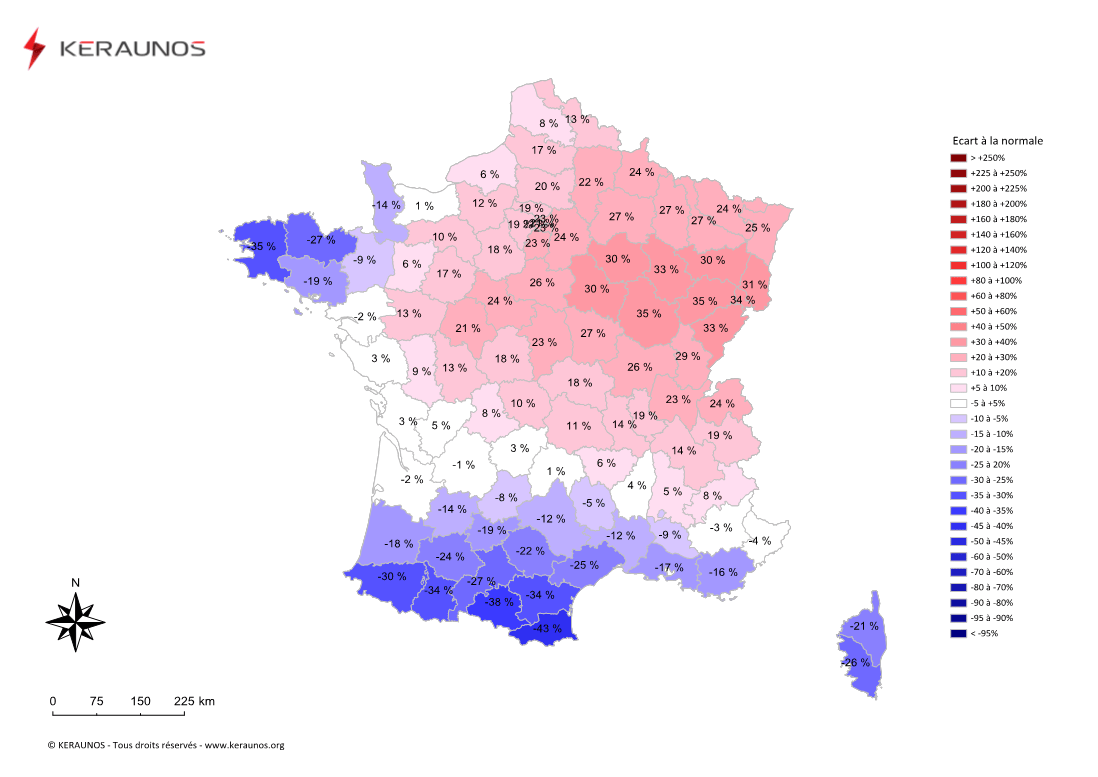 Carte Ecart à la normale de l'instabilité latente - (MUCAPE)