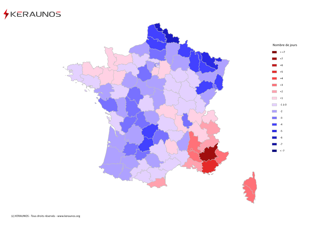 Carte Anomalie du nombre de jours avec orage (moyenne 2009-2015)