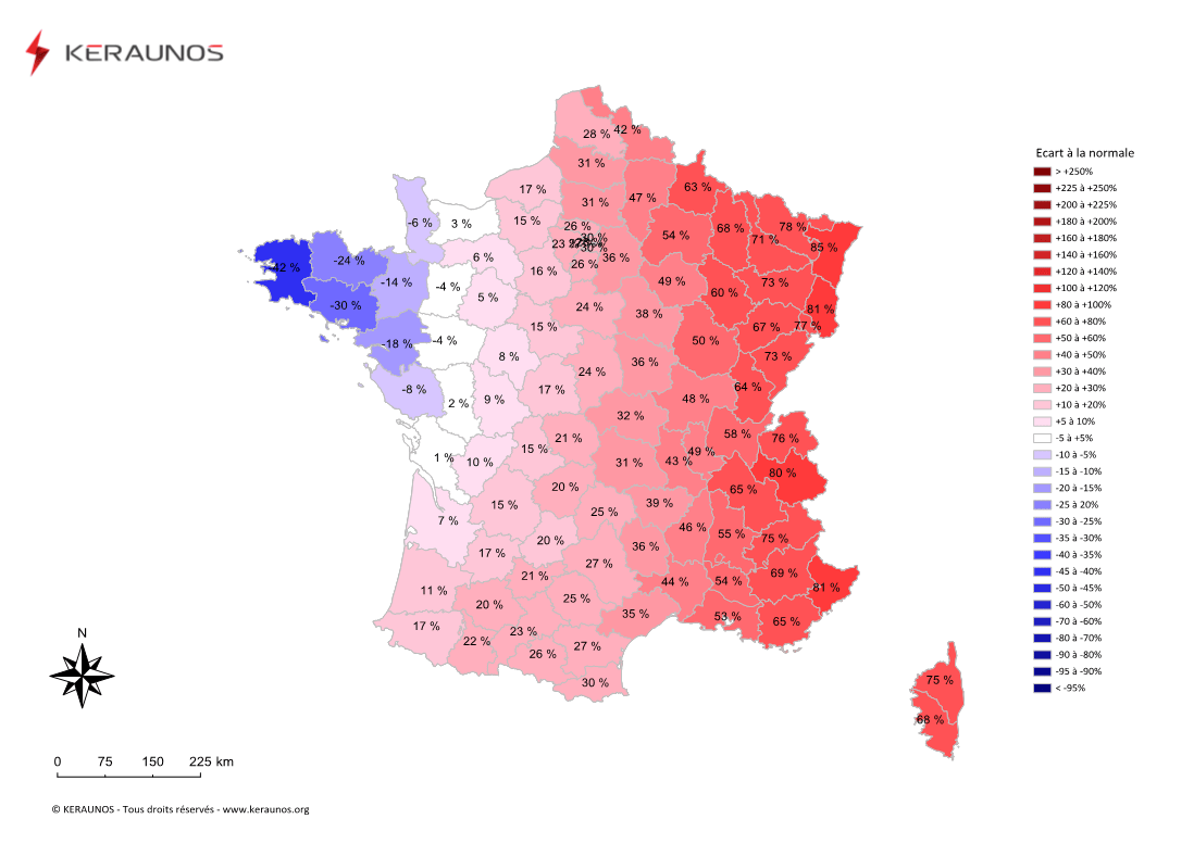 Carte Ecart à la normale de l'instabilité latente - (MUCAPE)