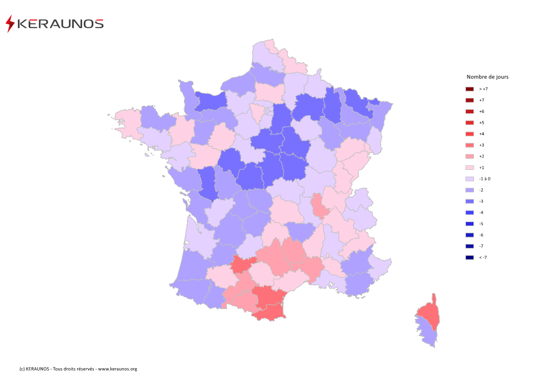 Carte Anomalie du nombre de jours avec orage (moyenne 2009-2015)