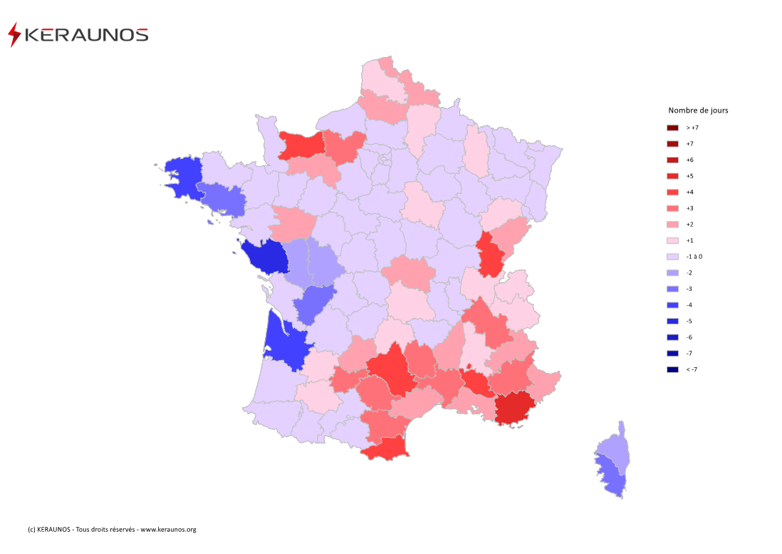 Carte Anomalie du nombre de jours avec orage (moyenne 2009-2015)