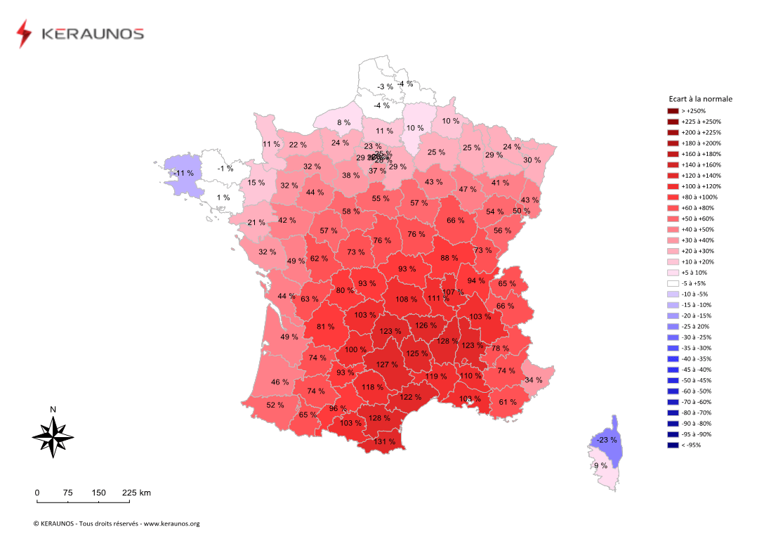 Carte Ecart à la normale de l'instabilité latente - (MUCAPE)