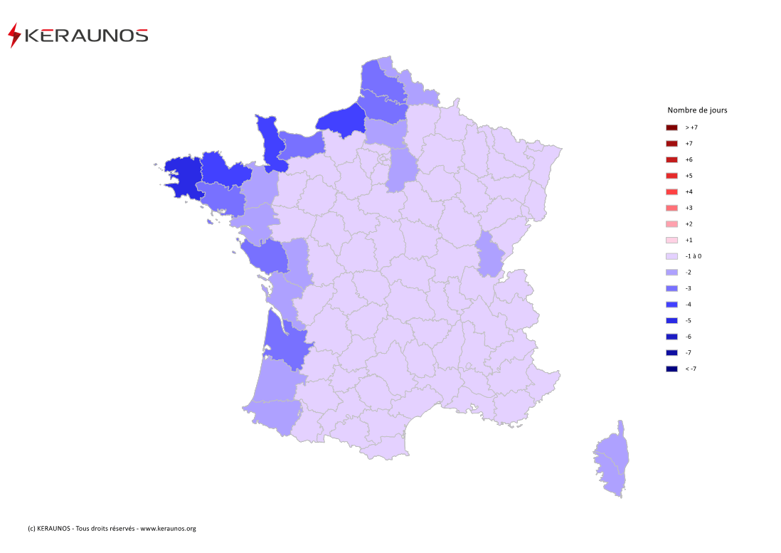 Carte Anomalie du nombre de jours avec orage (moyenne 2009-2015)