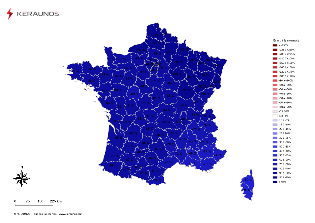 Carte Ecart à la normale de l'instabilité latente - (MUCAPE)