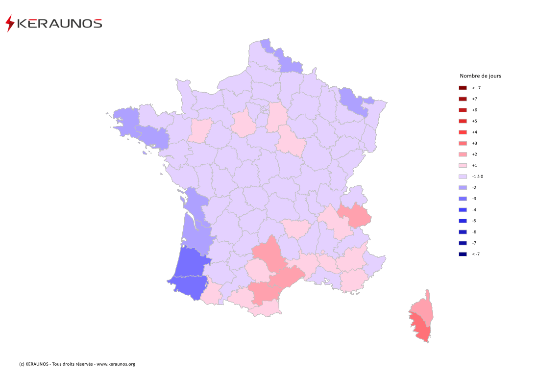 Carte Anomalie du nombre de jours avec orage (moyenne 2009-2015)