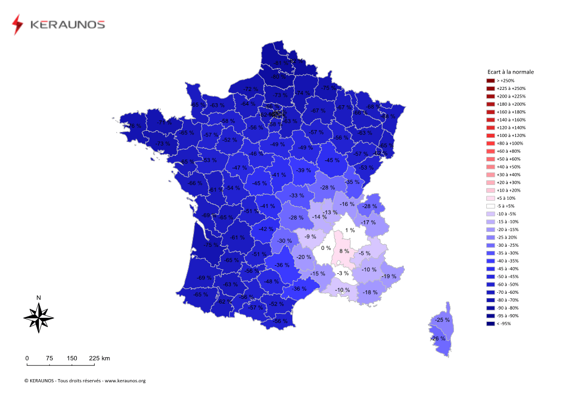 Carte Ecart à la normale de l'instabilité latente - (MUCAPE)