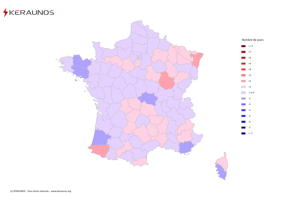 Carte Anomalie du nombre de jours avec orage (moyenne 2009-2015)