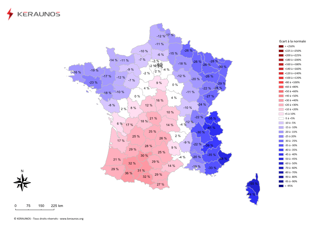 Carte Ecart à la normale de l'instabilité latente - (MUCAPE)