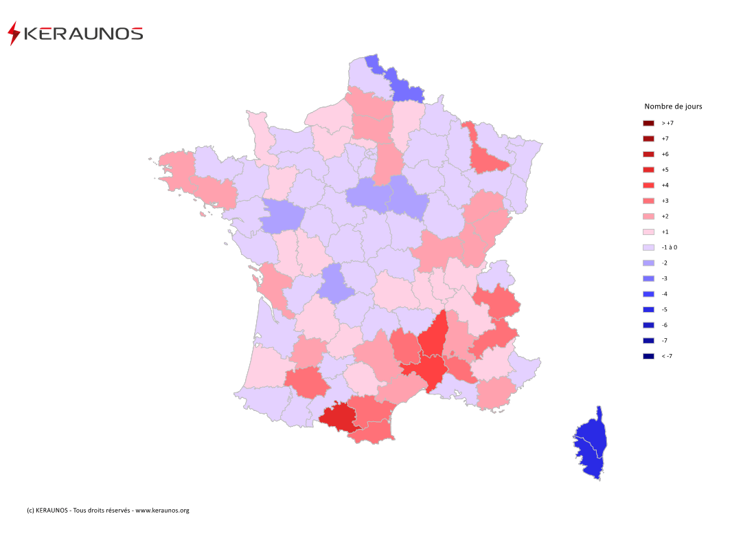 Carte Anomalie du nombre de jours avec orage (moyenne 2009-2015)