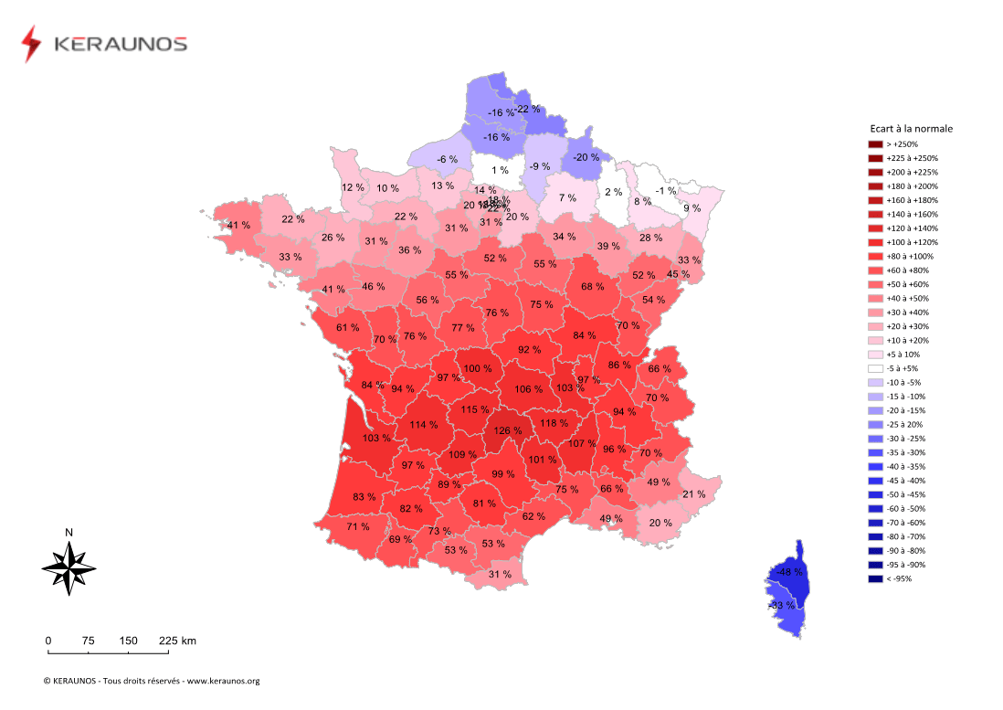 Carte Ecart à la normale de l'instabilité latente - (MUCAPE)