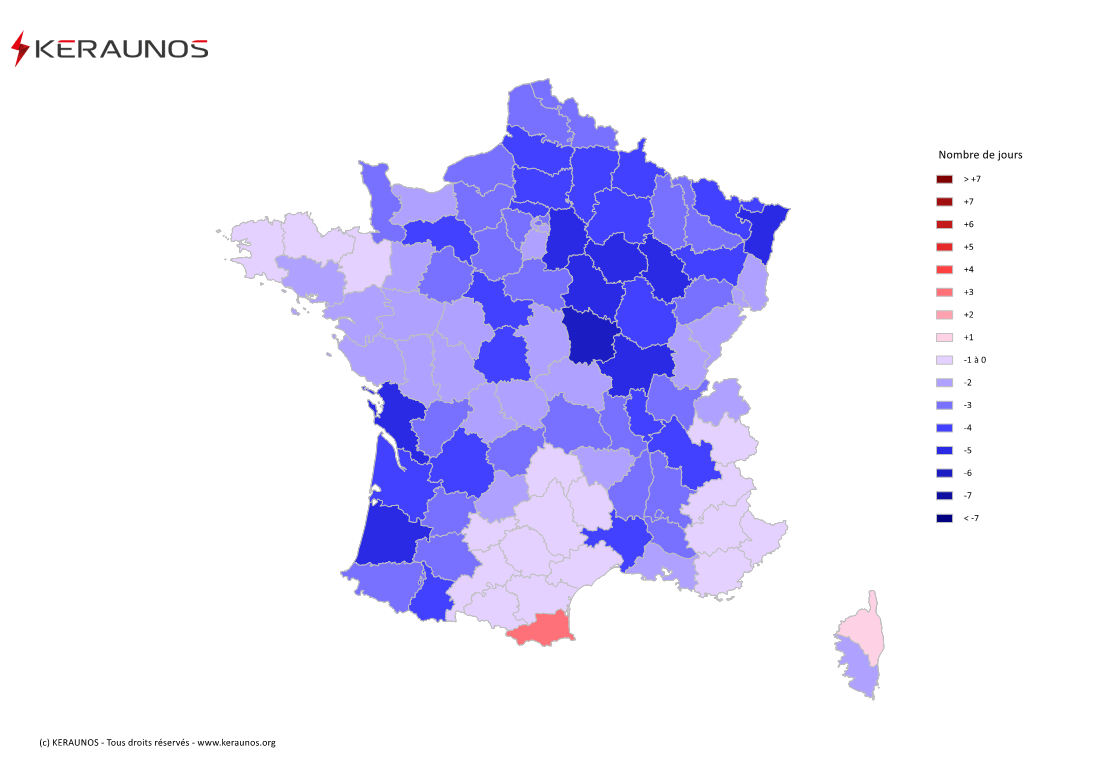 Carte Anomalie du nombre de jours avec orage (moyenne 2009-2015)