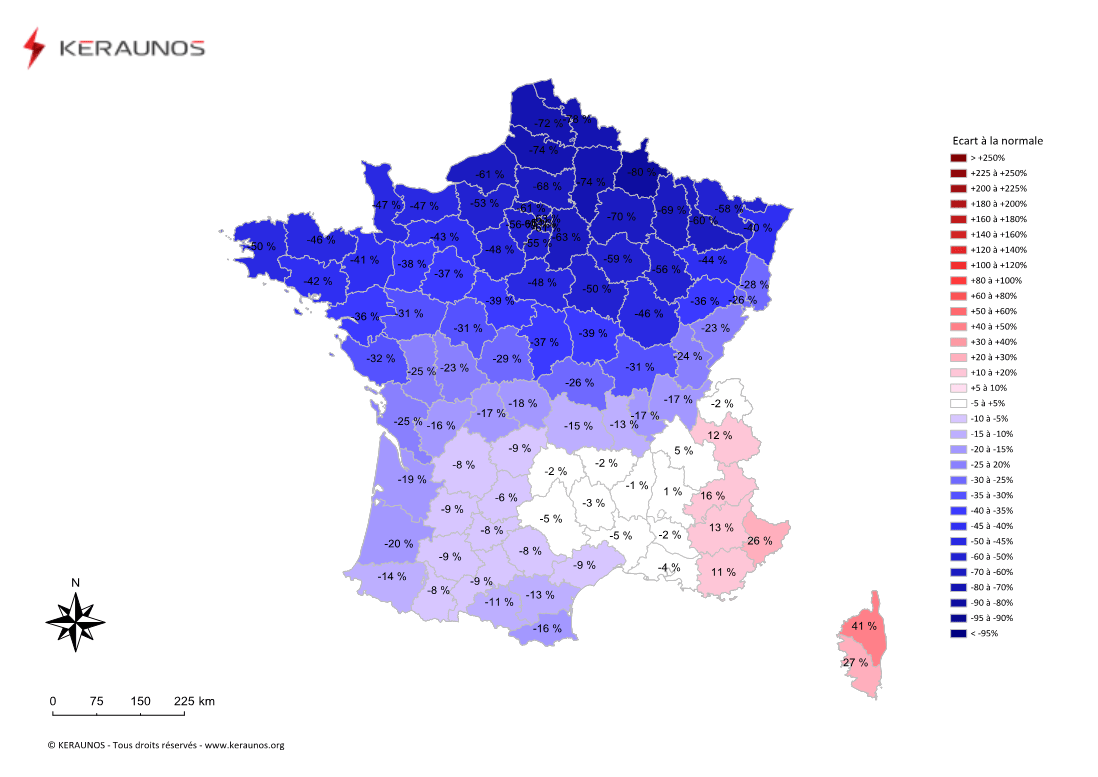 Carte Ecart à la normale de l'instabilité latente - (MUCAPE)