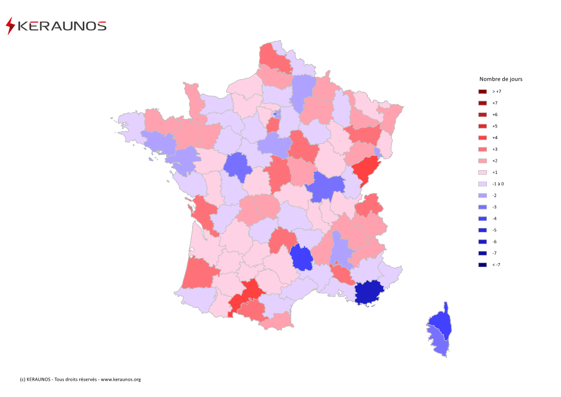 Carte Anomalie du nombre de jours avec orage (moyenne 2009-2015)