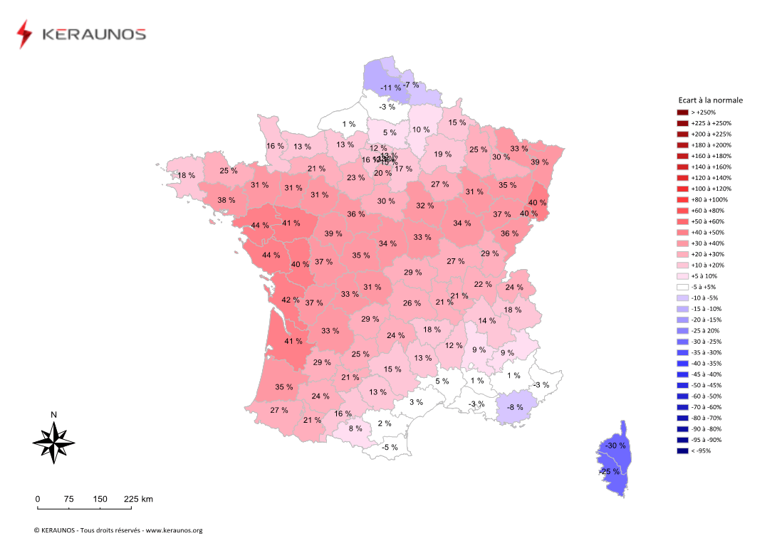 Carte Ecart à la normale de l'instabilité latente - (MUCAPE)