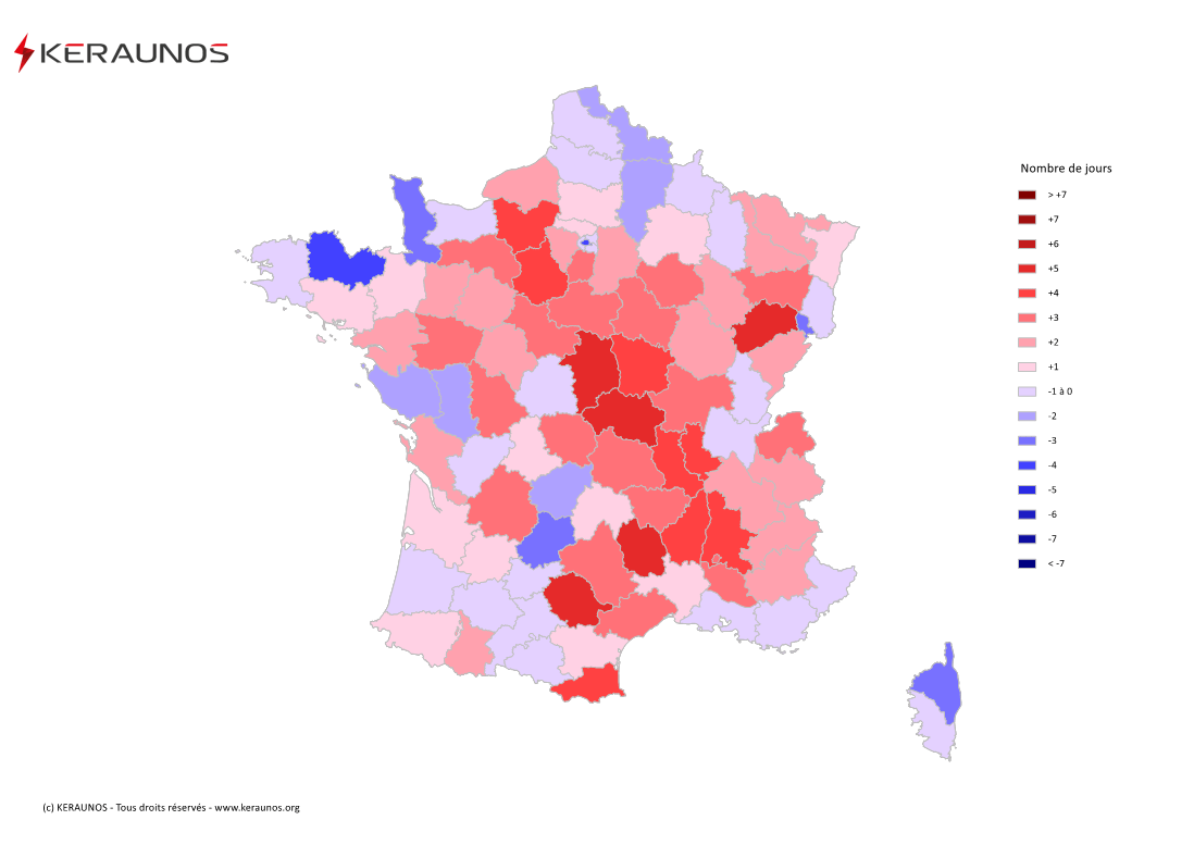 Carte Anomalie du nombre de jours avec orage (moyenne 2009-2015)