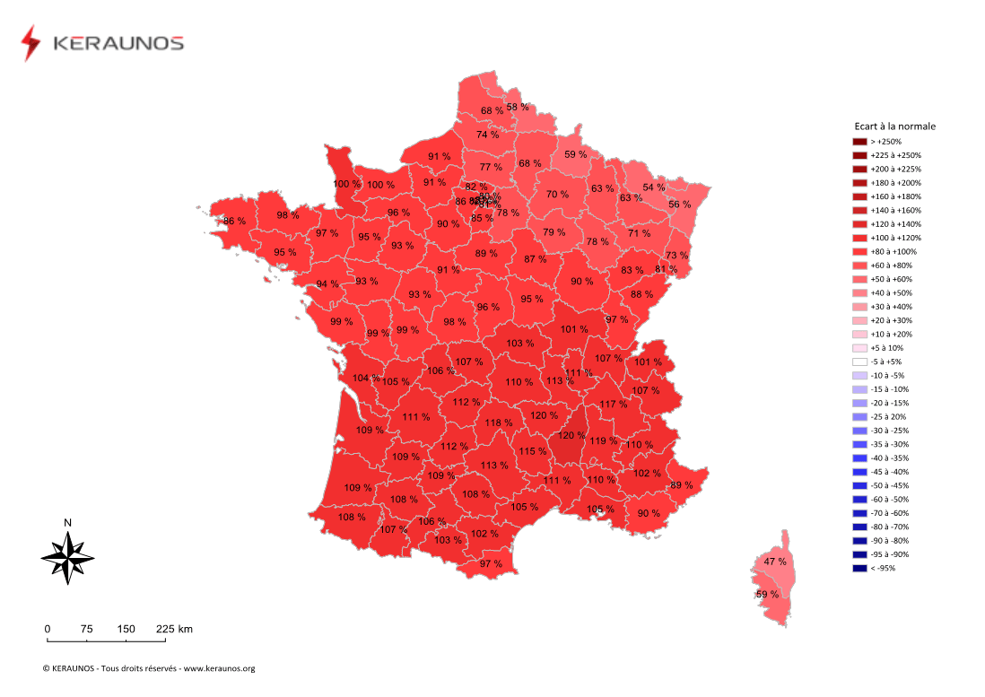 Carte Ecart à la normale de l'instabilité latente - (MUCAPE)