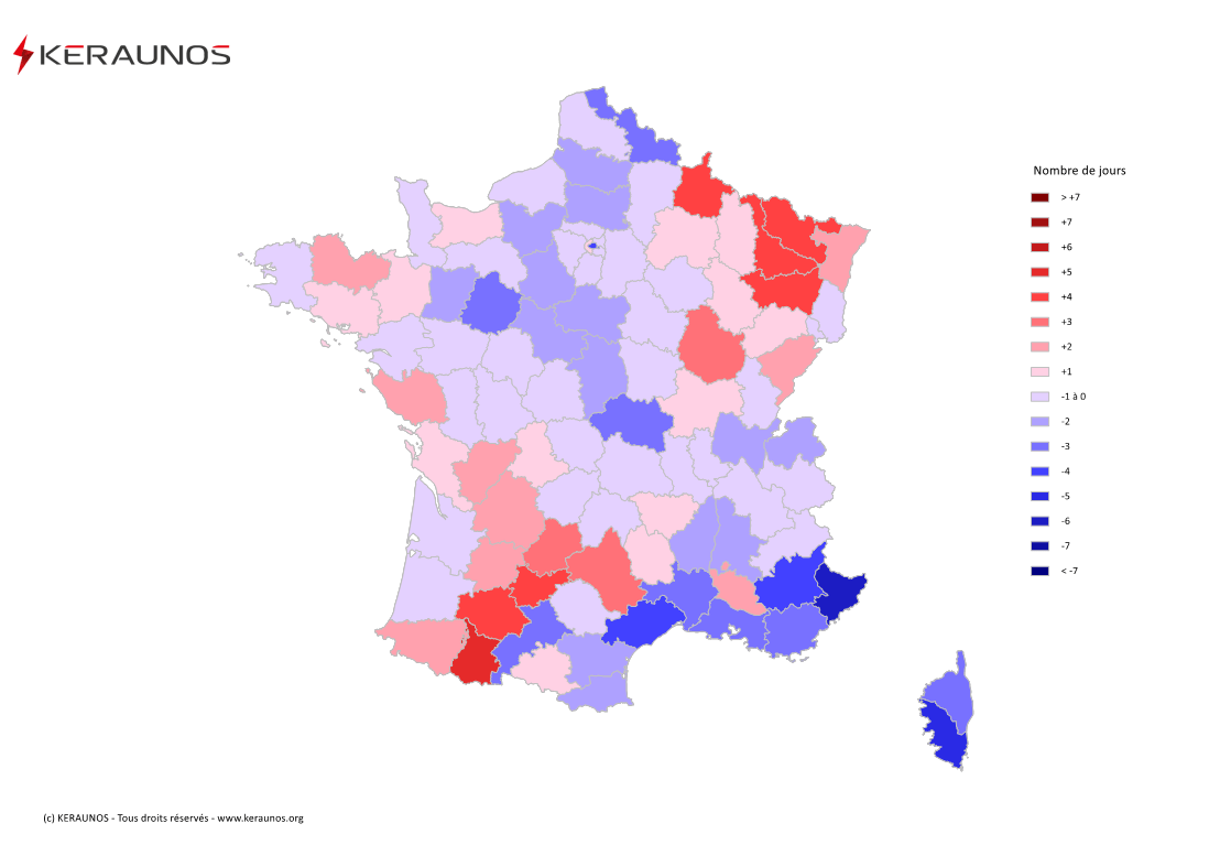 Carte Anomalie du nombre de jours avec orage (moyenne 2009-2015)