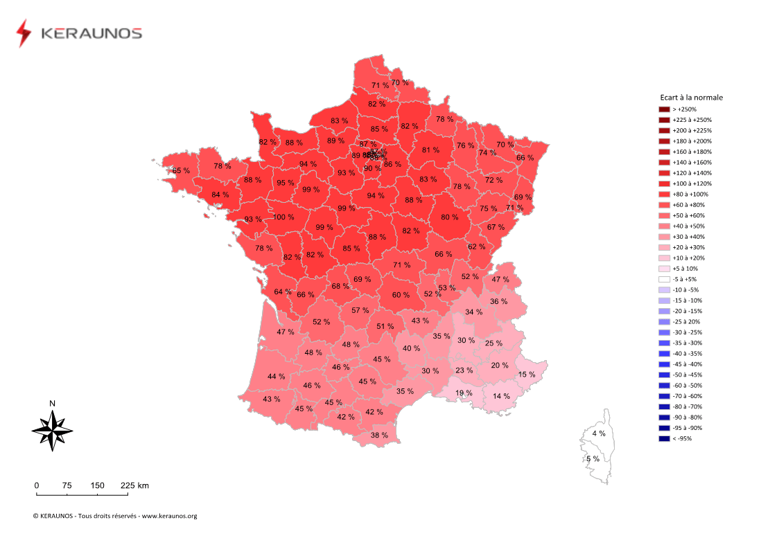 Carte Ecart à la normale de l'instabilité latente - (MUCAPE)