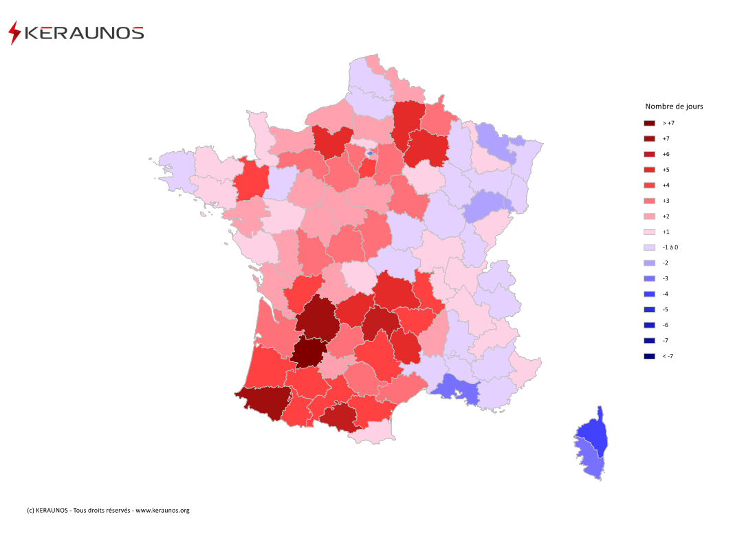 Carte Anomalie du nombre de jours avec orage (moyenne 2009-2015)