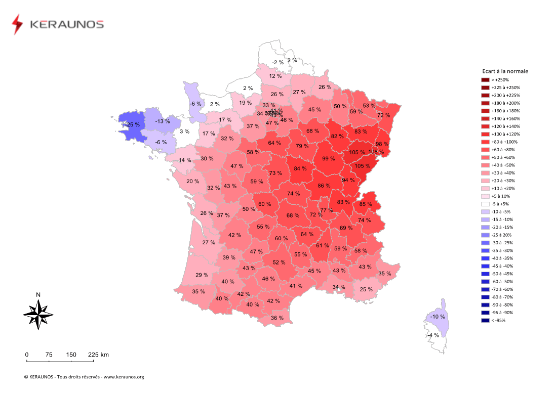 Carte Ecart à la normale de l'instabilité latente - (MUCAPE)