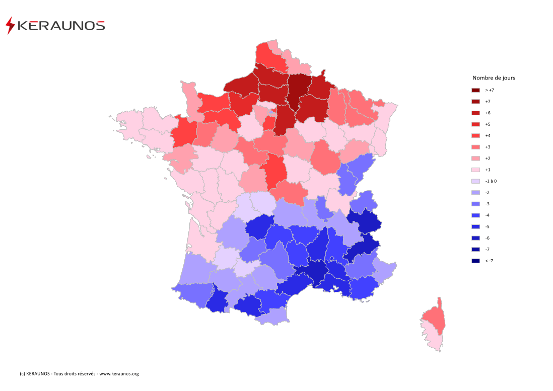 Carte Anomalie du nombre de jours avec orage (moyenne 2009-2015)