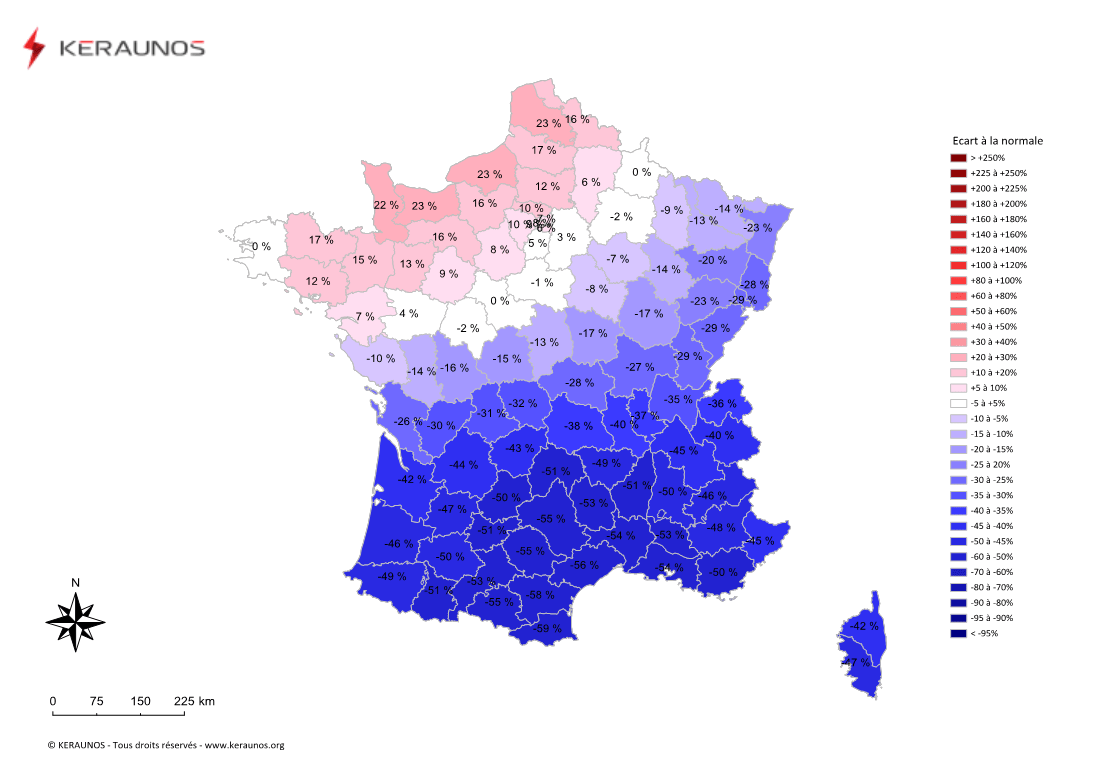 Carte Ecart à la normale de l'instabilité latente - (MUCAPE)